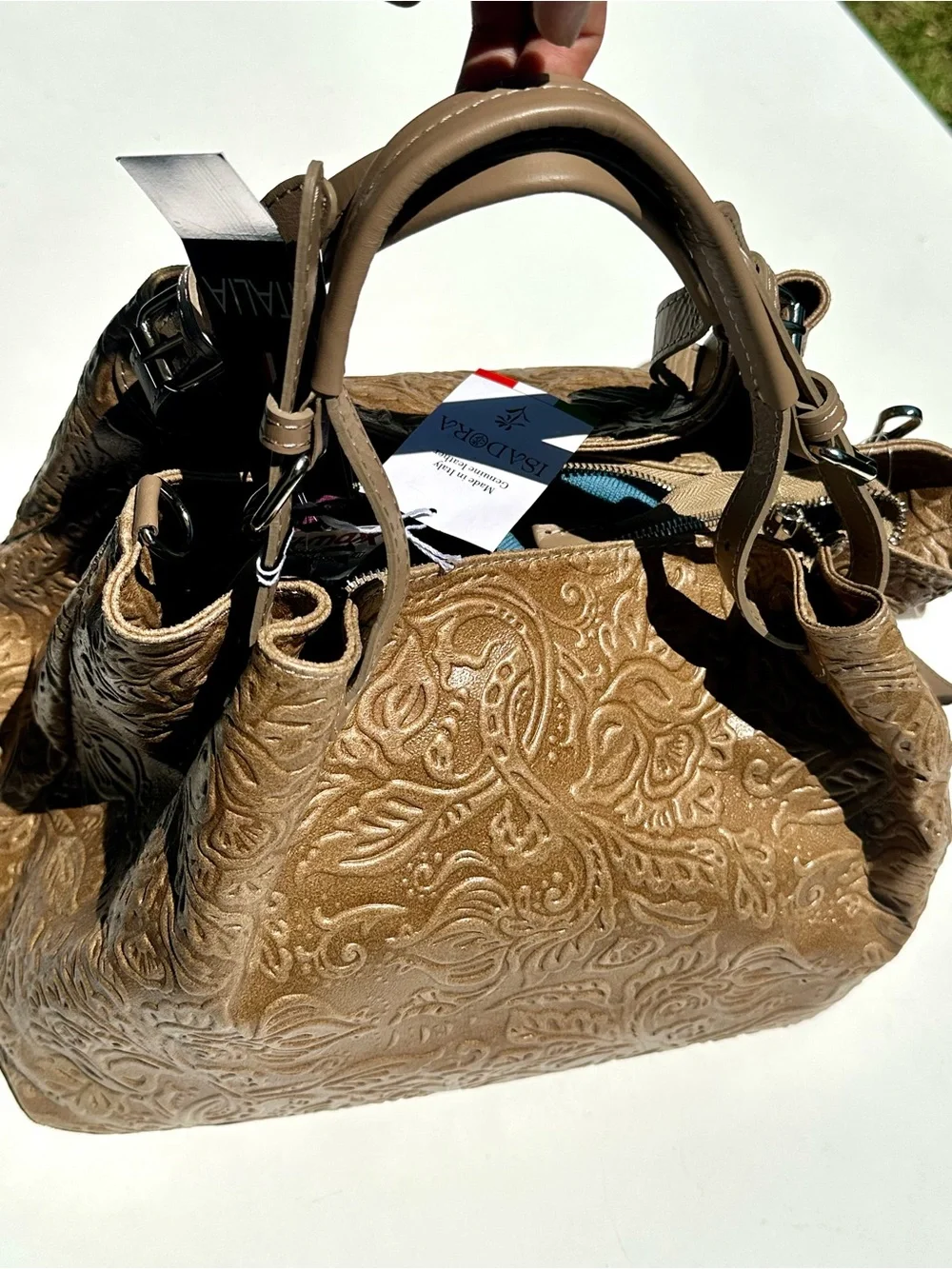 NWT Isadora Italy Tooled Genuine Leather Large Satchel Bag in Tan